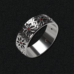 Серебряное кольцо-вышиванка с красными фианитами