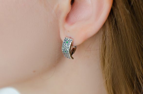 Silver Earrings "Vishivanka" with green stones